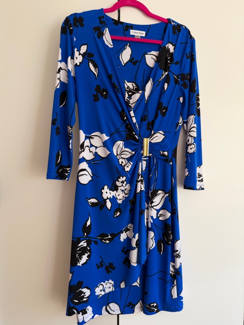 Calvin Klein Blue and White Floral Faux-Wrap Dress